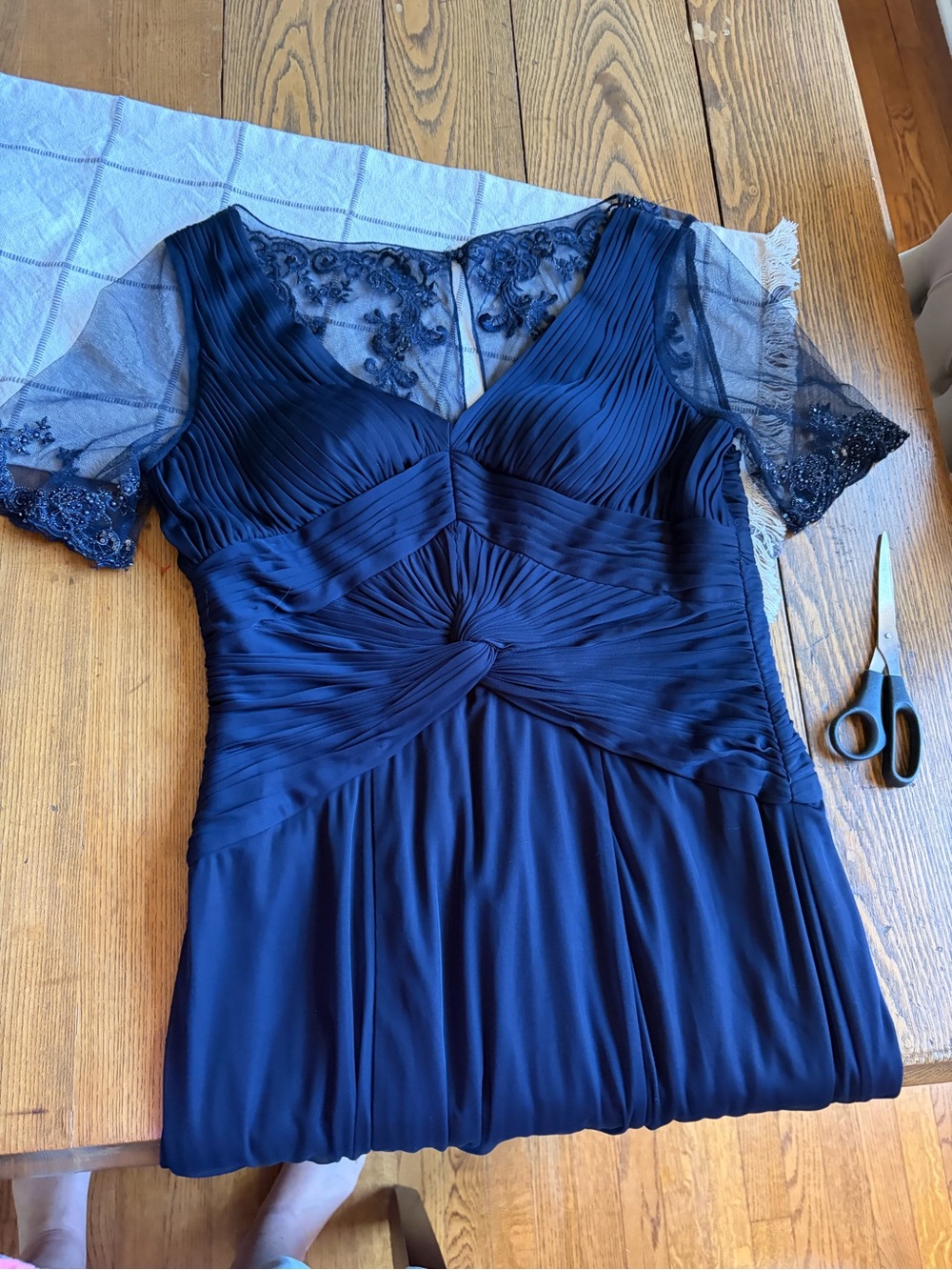 Adrianna Papell Navy V-Neck Sheer-Sleeve Evening Gown - Picture 2 of 2